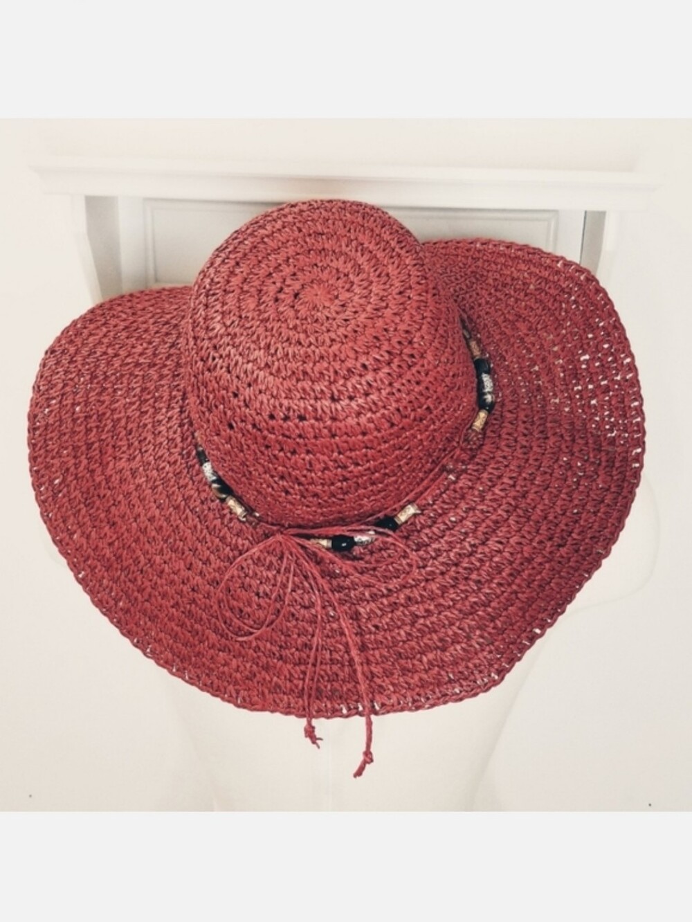 MAGID Hats Packable Rafia Wide Brim Beaded Trim Floppy Sun Hat in Rust